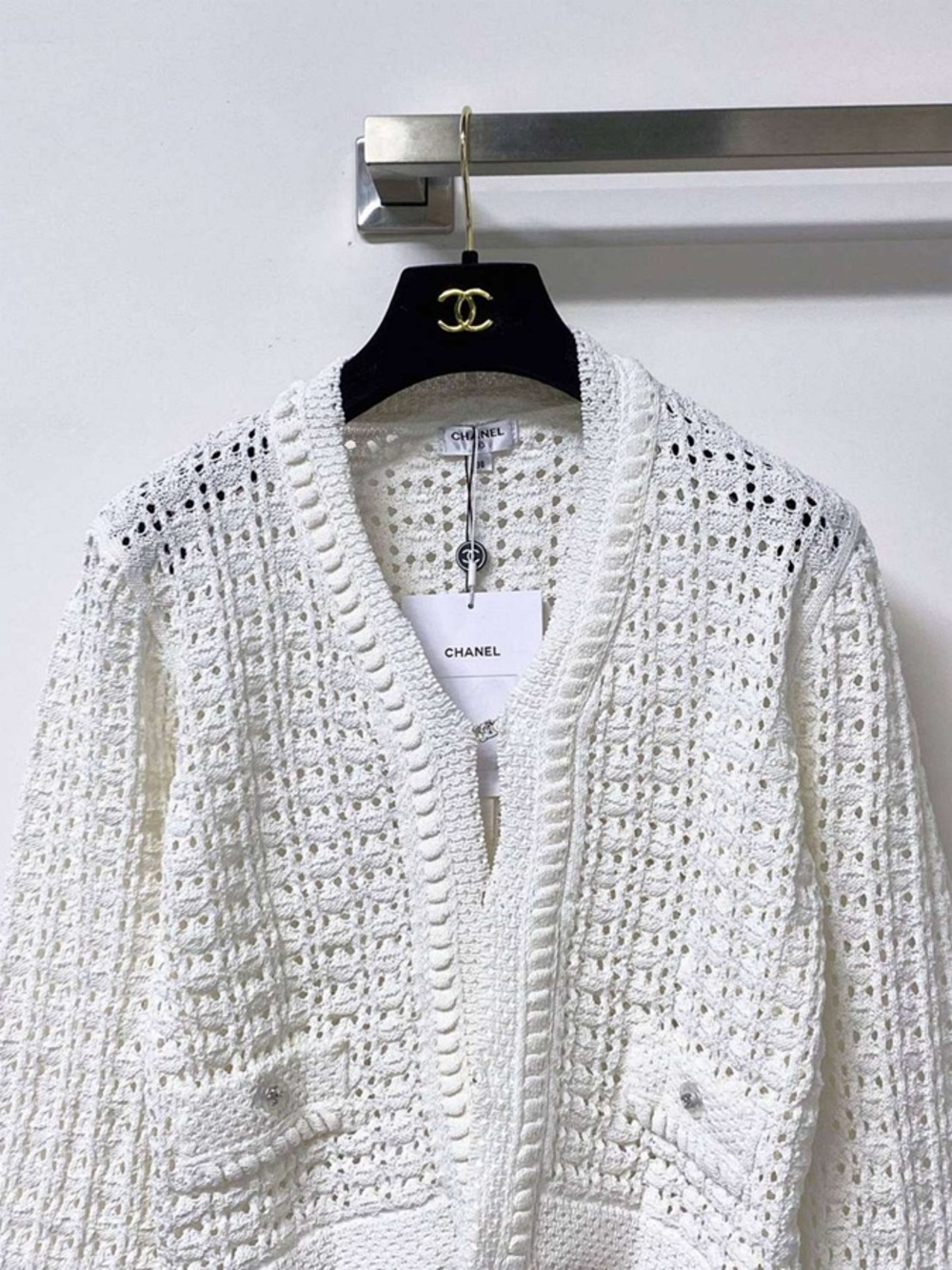 Chanel White Hollow Knit Short Designer Cardigan Jacket - Picture 2 of 6